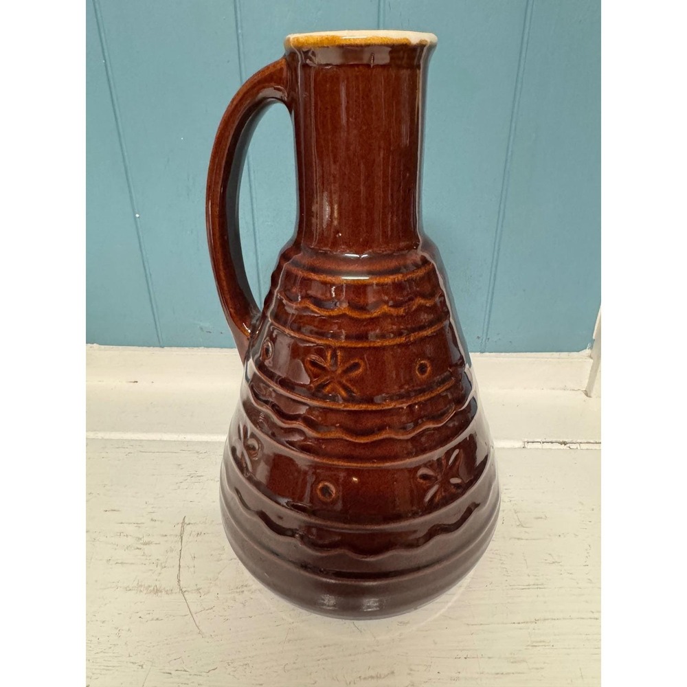 Vintage Marcrest Potteryโ Brown Glazed Daisy Dot Pitcher Carafe Embossed Floral